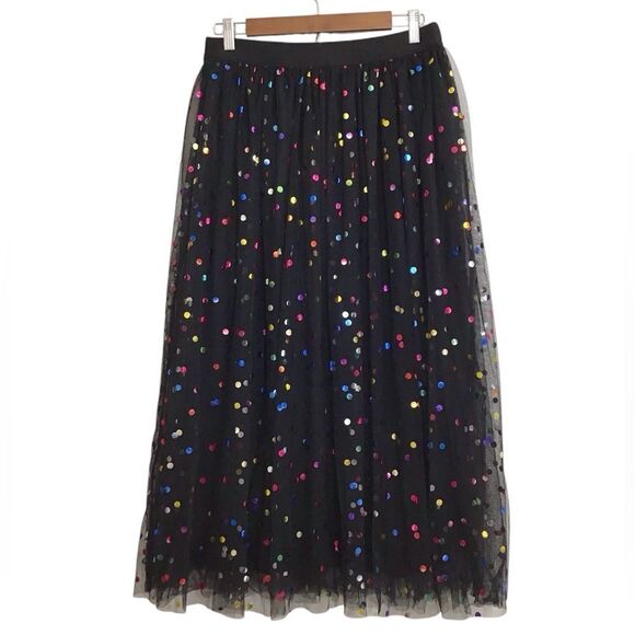 Black A-Line High Waist Mesh Maxi Skirt Multi Colored Dot Pull-On Maxi Size 1XL - Picture 2 of 7